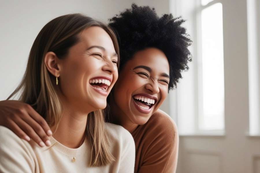 Deux amies souriantes partagent un moment de joie tout en se motivant mutuellement pour perdre du poids.